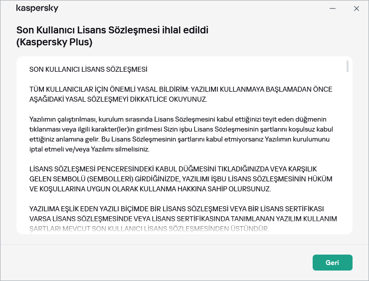 Son Kullanıcı Lisans Sözleşmesi metnini içeren pencere