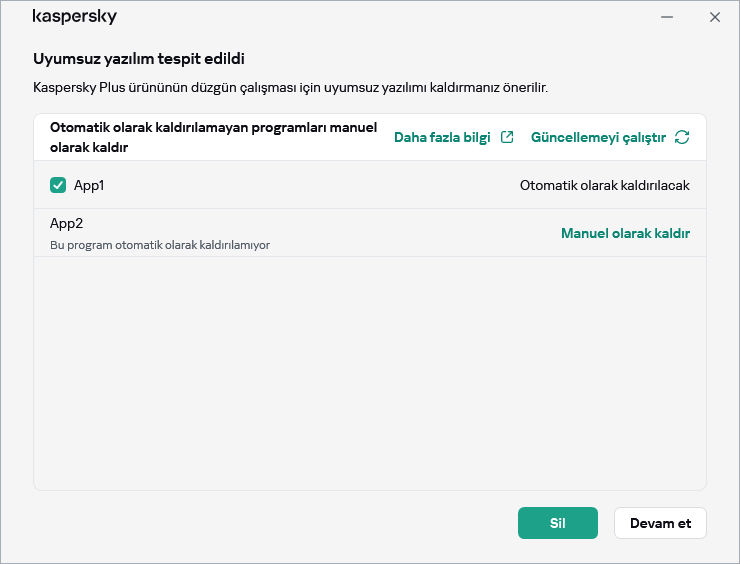 Uyumsuz uygulamaların listesini içeren pencere