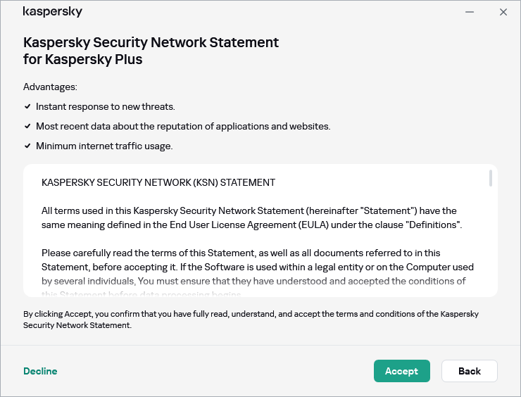 GDPR Kaspersky Security Network Bildirimi kabul penceresi