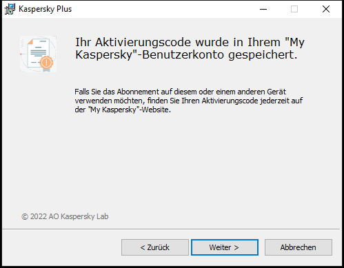 Fenster mit einem Abonnement, das erfolgreich im „My Kaspersky“-Benutzerkonto gespeichert wurde