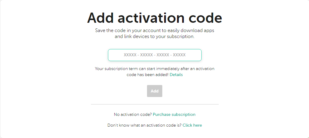 Window for adding an activation code to your account