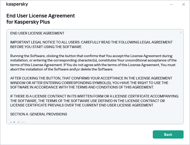 Window containing the text of the End User License Agreement