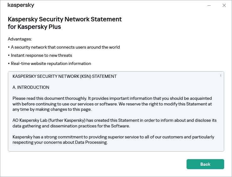 The Kaspersky Security Network Statement acceptance window