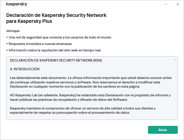 Ventana de aceptación de la declaración de Kaspersky Security Network.