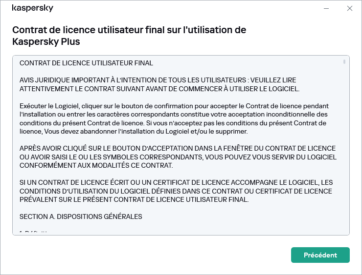 Fenêtre contenant le texte du Contrat de licence utilisateur final