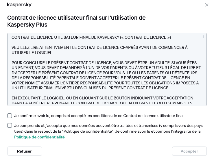 La fenêtre d’acceptation du contrat de licence RGPD
