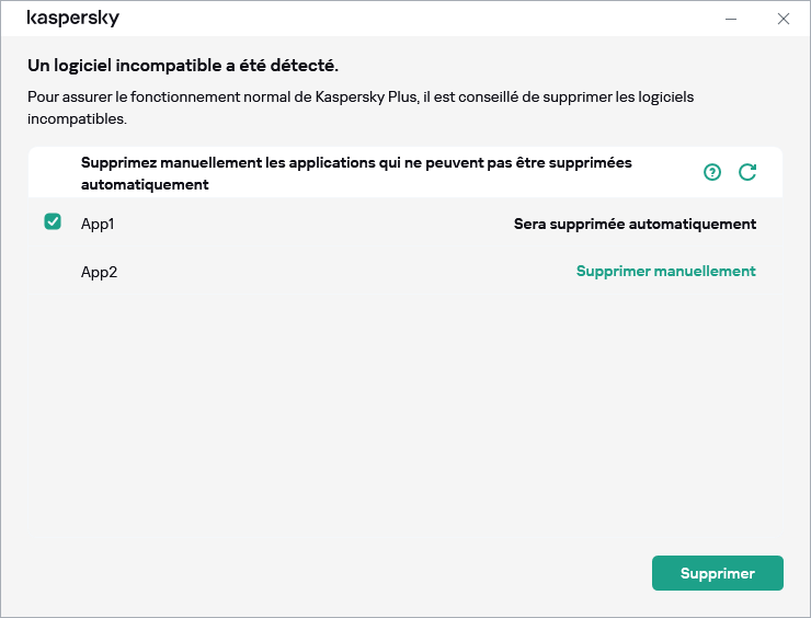Fenêtre avec la liste des applications incompatibles