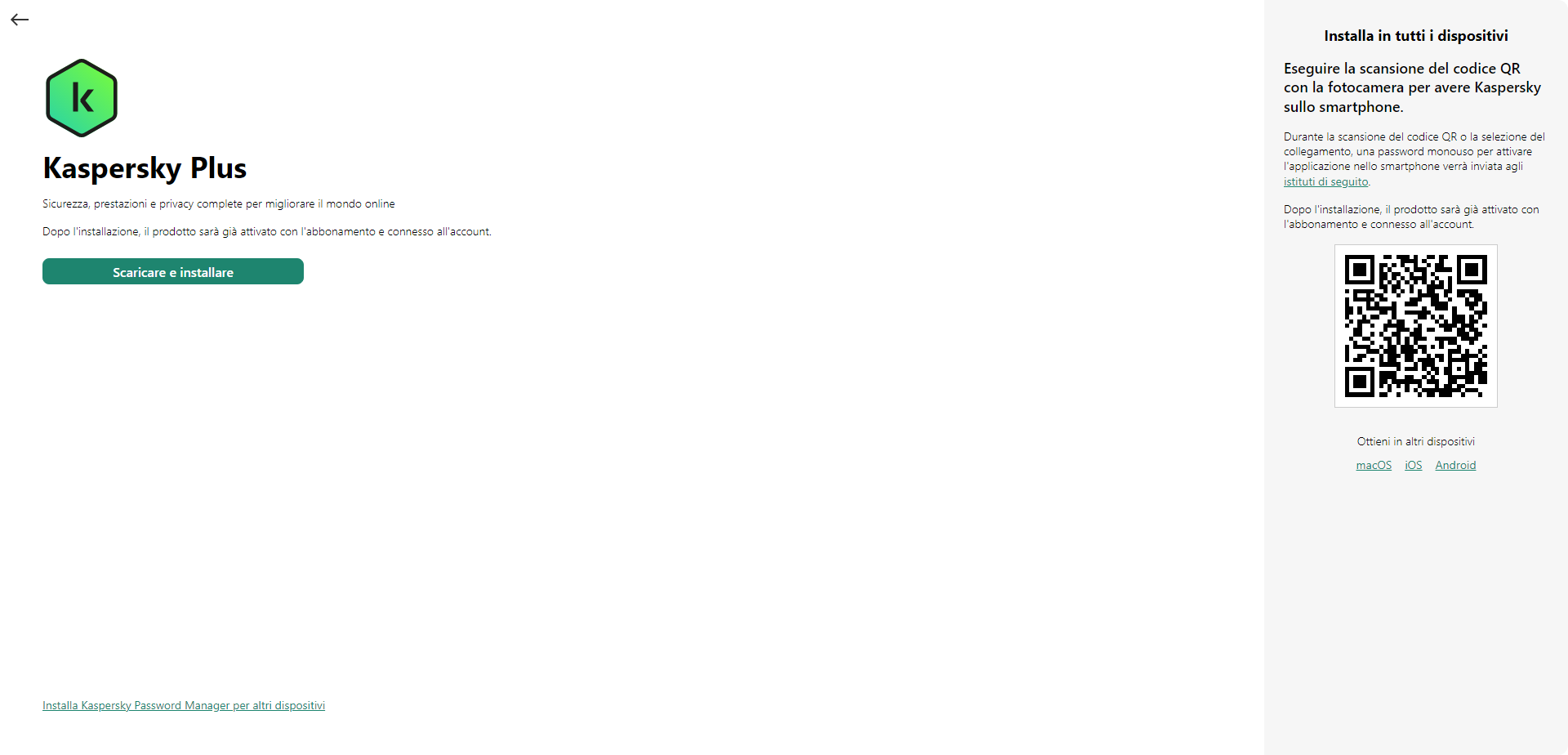 Finestra per il download e l'installazione dell'applicazione