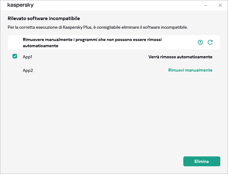 Finestra con l'elenco delle applicazioni non compatibili
