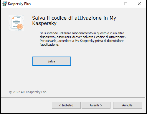Finestra che richiede di salvare un abbonamento in My Kaspersky