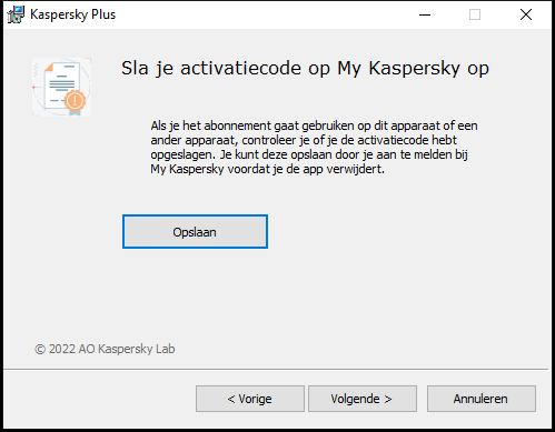 Venster waarin wordt gevraagd om een abonnement op te slaan in My Kaspersky