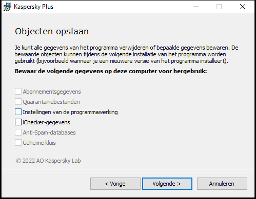 Venster voor het opslaan van instellingen bij het verwijderen van een programma