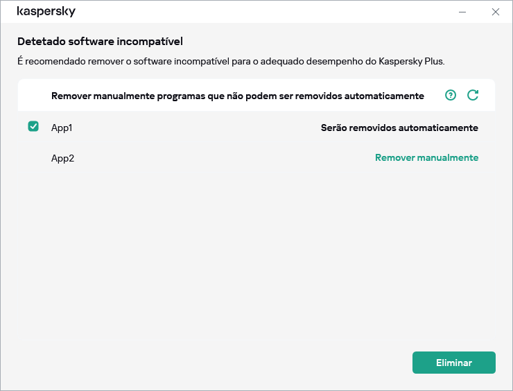 Janela com a lista de aplicações incompatíveis