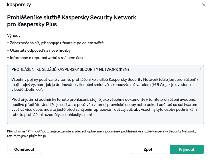 Okno prohlášení týkající se služby Kaspersky Security Network GDPR