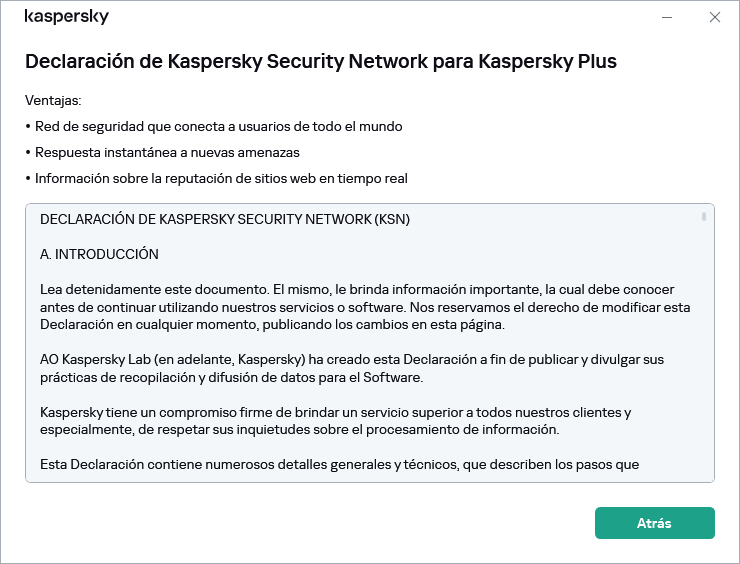 La ventana de aceptación de la Declaración de Kaspersky Security Network