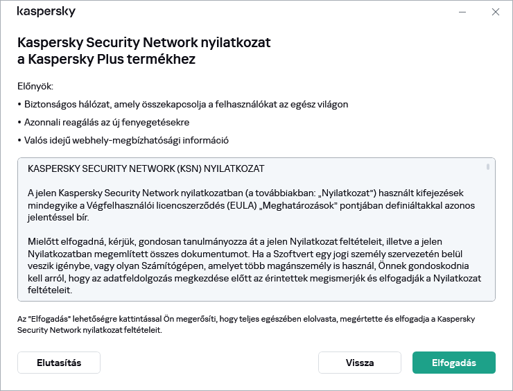 A GDPR Kaspersky Security Network nyilatkozat elfogadási ablaka