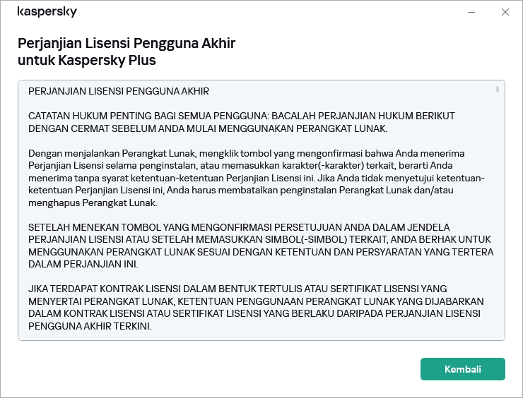 Jendela yang berisi teks Perjanjian Lisensi Pengguna Akhir