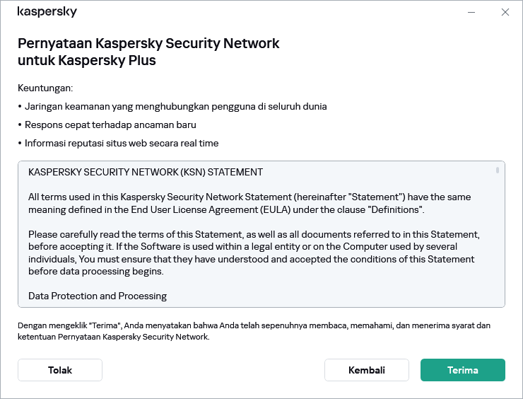 Jendela penerimaan Pernyataan Kaspersky Security Network GDPR