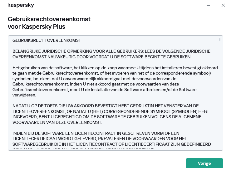 Het venster bevat de tekst van de Gebruiksrechtovereenkomst.