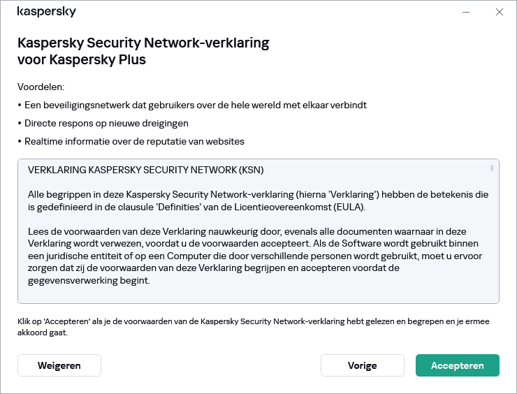 Het venster voor het aanvaarden van de AVG-verklaring van Kaspersky Security Network