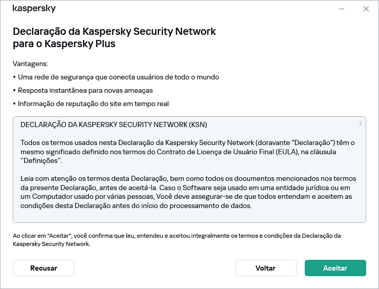 A janela de aceitação da Declaração da Kaspersky Security Network GDPR