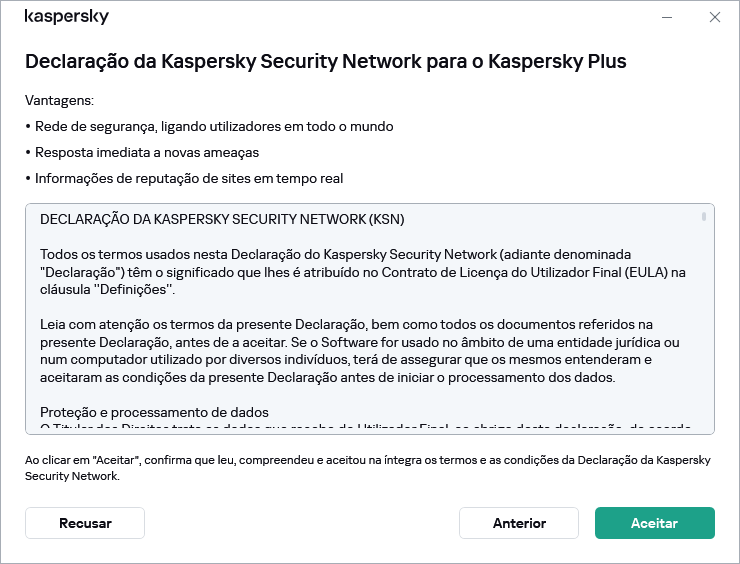 A janela de aceitação da Declaração da Kaspersky Security Network do RGPD