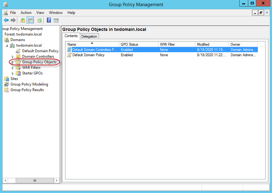 Group Policy Management window. Group Policy Objects node.