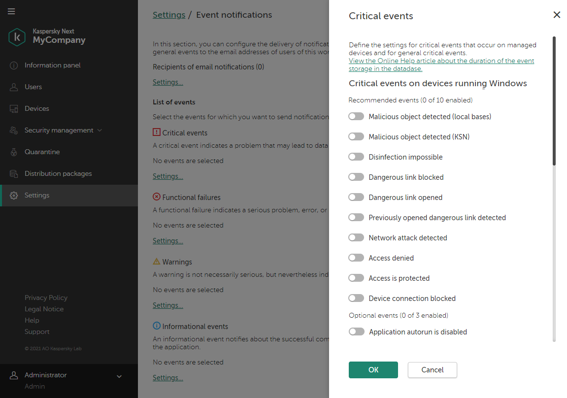 Settings → Event notifications window. Critical events flyout.