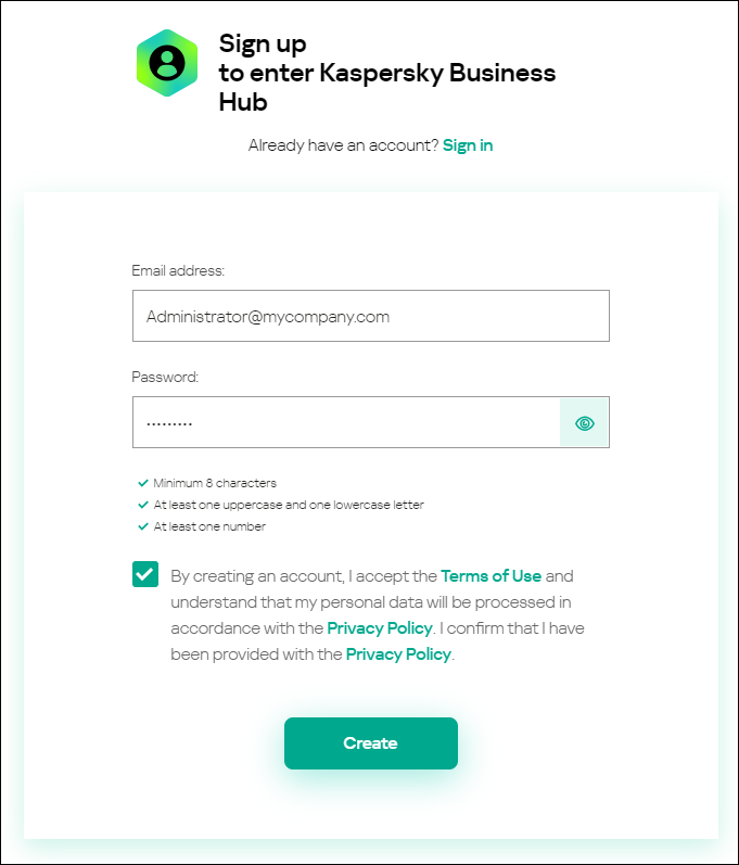 Sign up to enter Kaspersky Business Hub window.