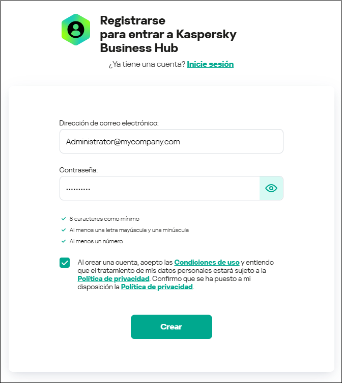 Regístrese para entrar a la ventana de Kaspersky Business Hub.