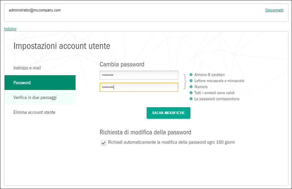 Finestra Impostazioni account utente. Scheda Password.