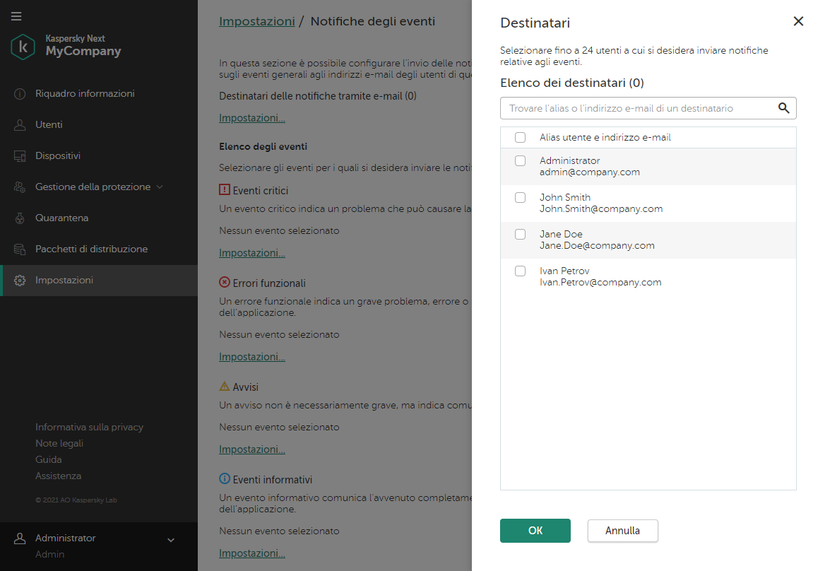 Impostazioni → Finestra Notifiche eventi. Flyout dei destinatari.