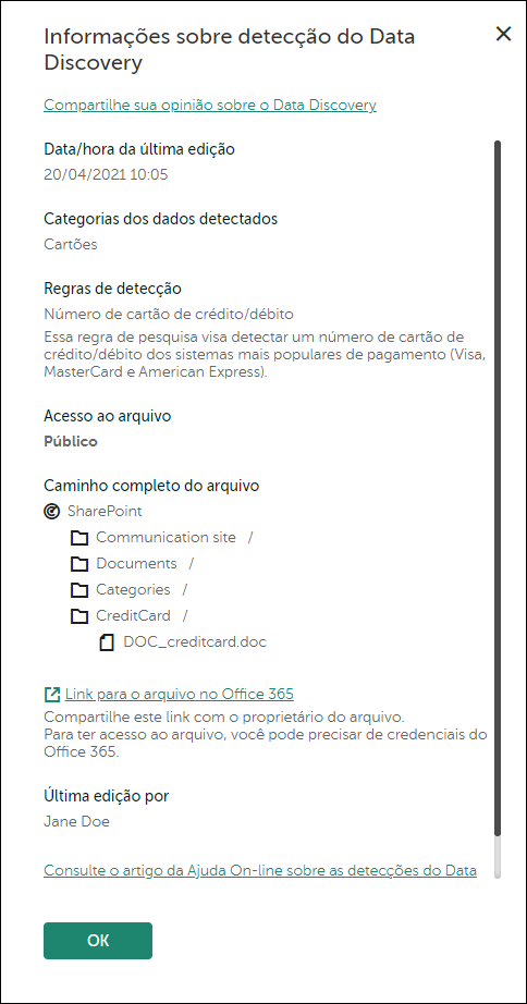 Janela Detalhes de detecção do Data Discovery.