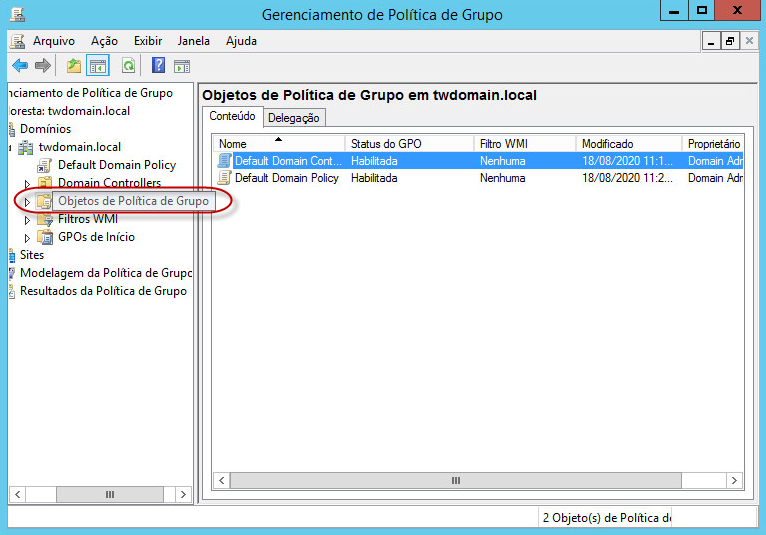 Janela Gerenciamento da política de grupo. Nó Objetos de política de grupo.