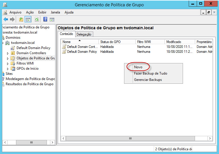 Janela Gerenciamento da política de grupo. Novo item do menu de contexto.