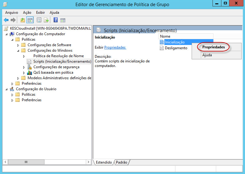 Janela Gerenciamento da política de grupo. Item do menu de contexto Inicialização → Propriedades.