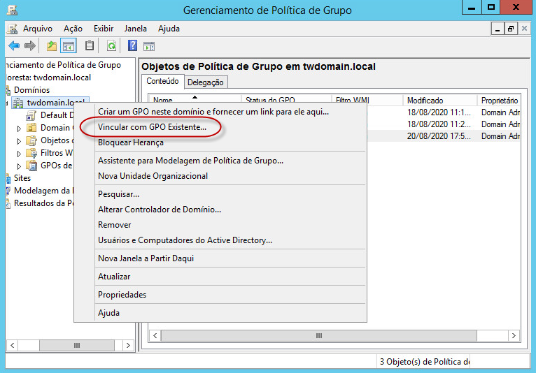 Janela Gerenciamento da política de grupo. Vincule um item de menu de contexto de GPO existente.