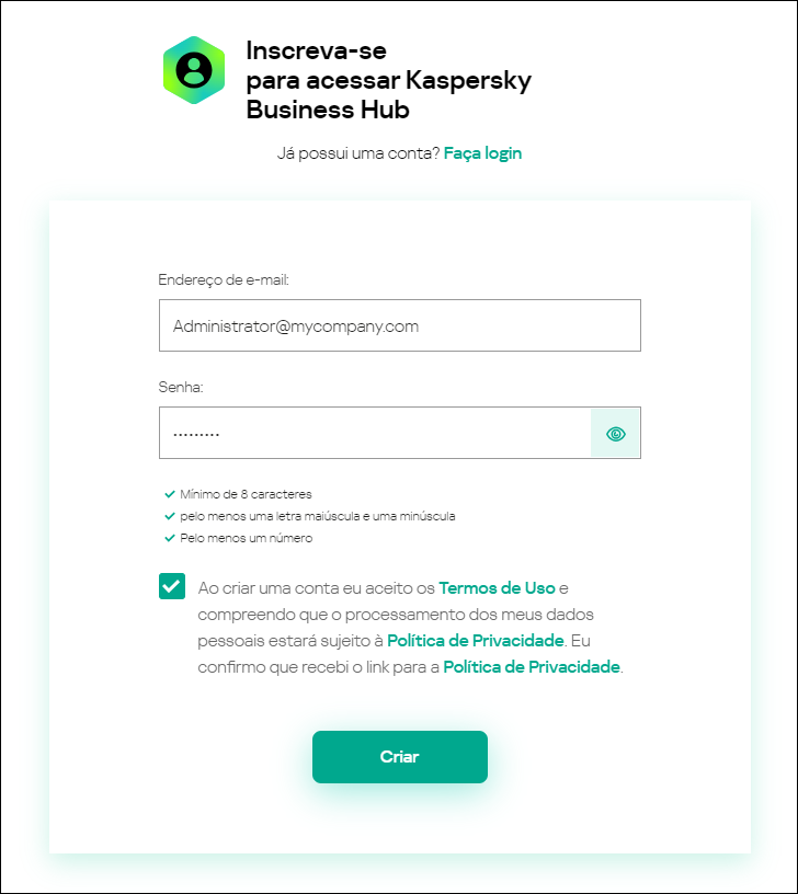 Janela fazer a inscrição para entrar no Kaspersky Business Hub.