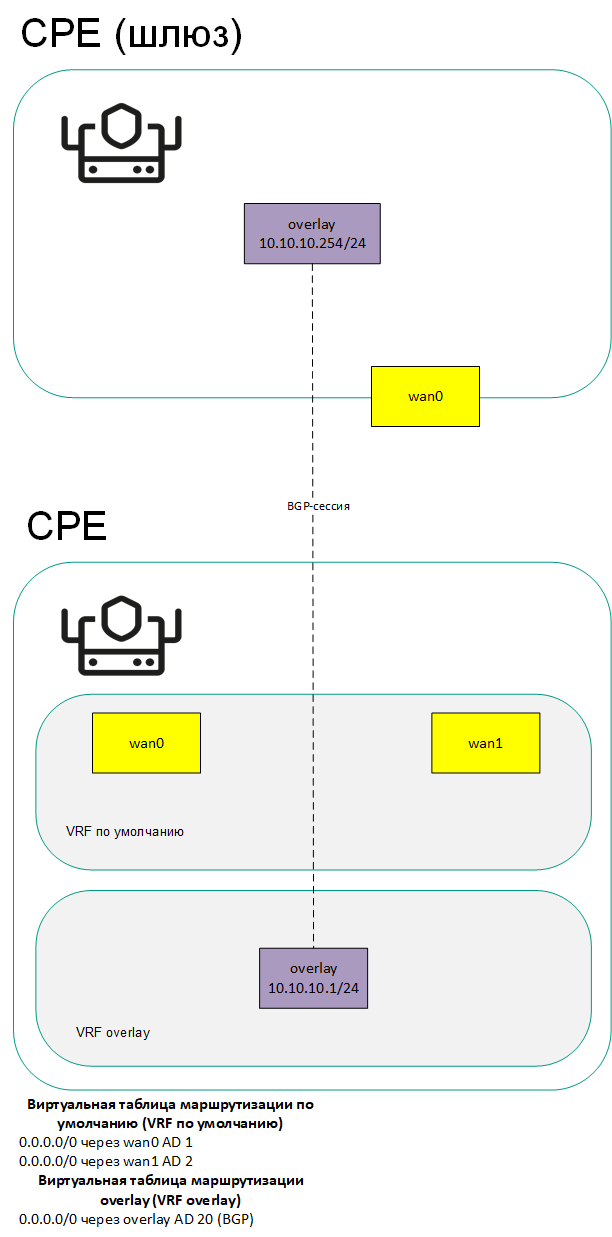 Сетевой интерфейс устройства CPE с ролью шлюз подключен к сетевому интерфейсу стандартного устройства. При этом сетевой интерфейс стаднартного устройства CPE для обмена BGP-маршрутами добавлен в отдельную виртуальную таблицу маршрутизации.