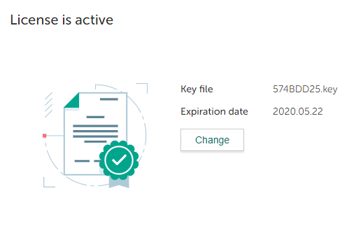 Licensing information: activation status, key file name, expiration date. "Change" button.