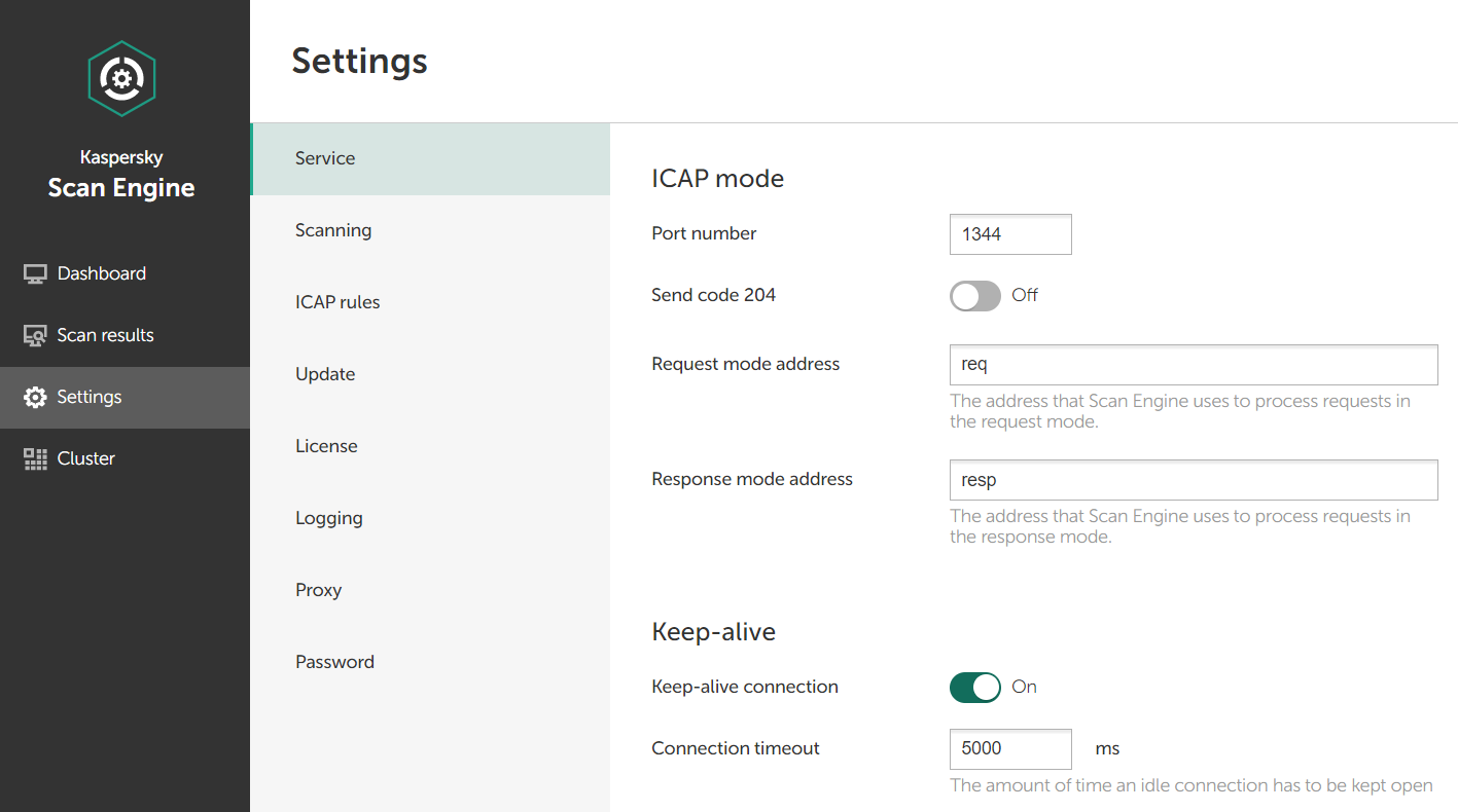 Several service settings for ICAP mode.