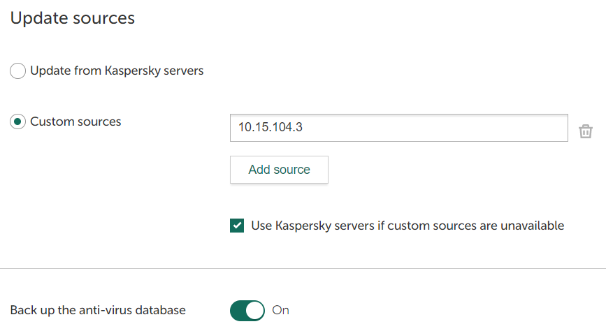 "Custom sources" selected. "Use Kaspersky servers if custom sources are unavailable" selected, IP specified. Anti-virus database backup is enabled.