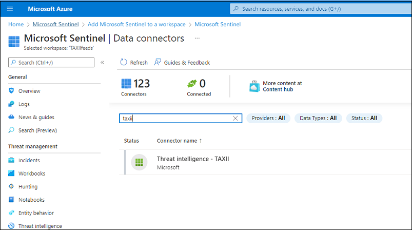 Threat intelligence - Taxii connector window.