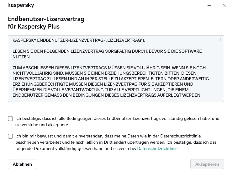 Fenster zum Akzeptieren der DSGVO für den Endbenutzer-Lizenzvertrag