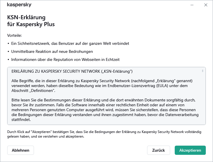 Fenster zum Akzeptieren der DSGVO für die Erklärung zu Kaspersky Security Network