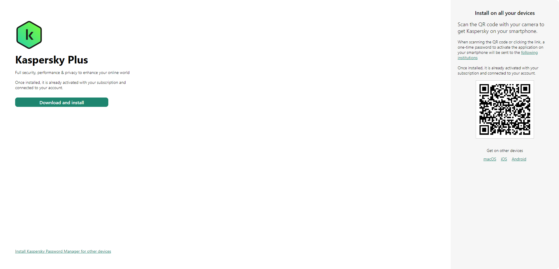 Window for downloading and installing the application