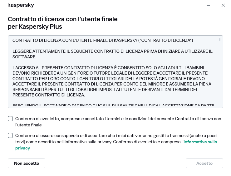 Finestra di accettazione del contratto di licenza GDPR
