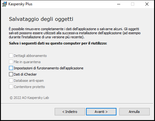 Finestra per il salvataggio delle impostazioni durante la disinstallazione di un'applicazione