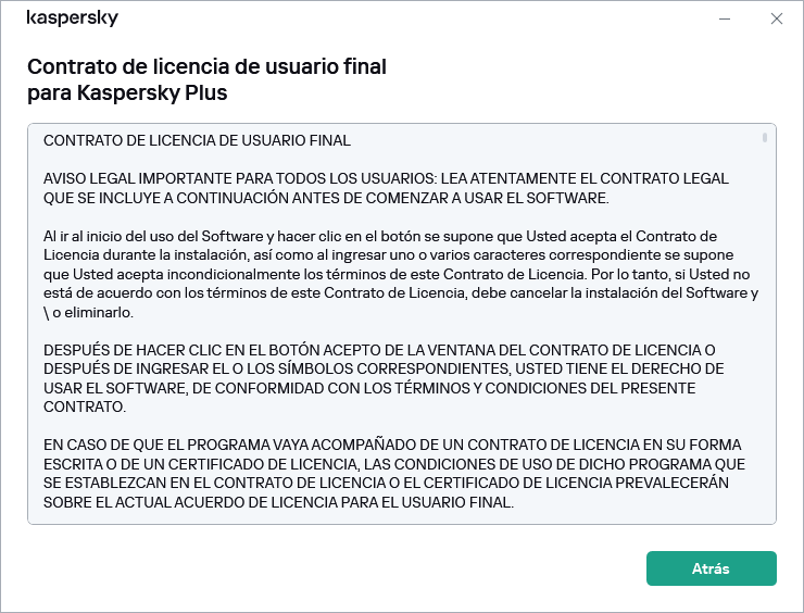 Ventana que contiene el texto del Contrato de licencia de usuario final