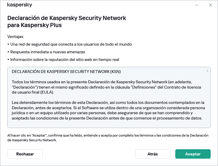 Ventana de aceptación de la declaración de Kaspersky Security Network de GDPR